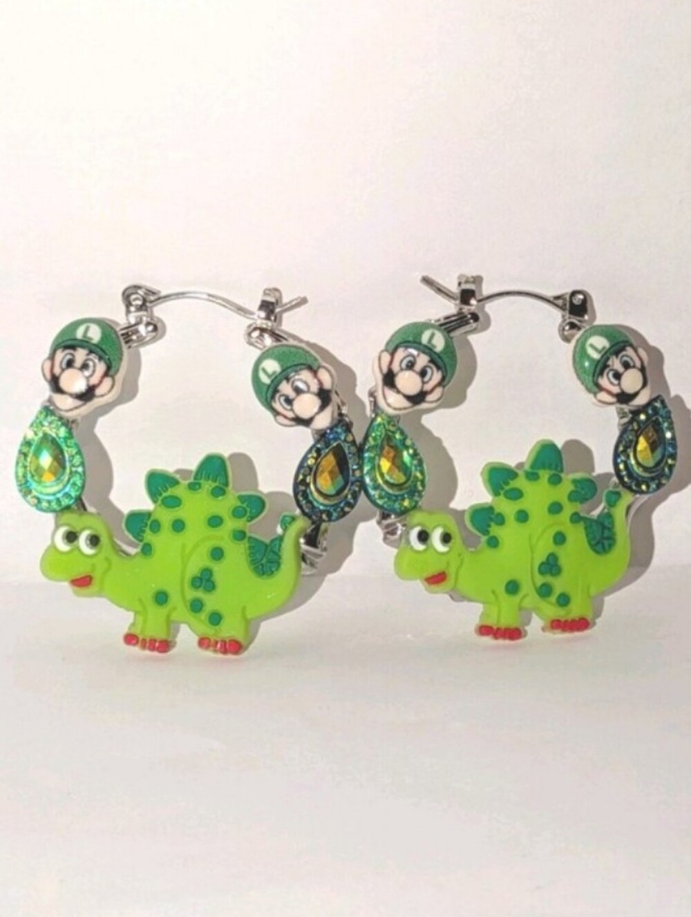 Hand CRAFTED Luigi Dinosaur Hoop Earrings Green For Kids And Adults